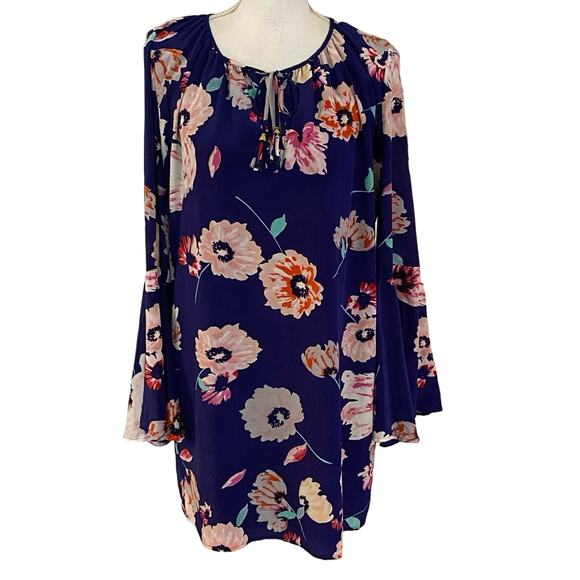 Yumi Kim Size M Floral Print Bell Sleeve Mini Dress Silk - Picture 2 of 5